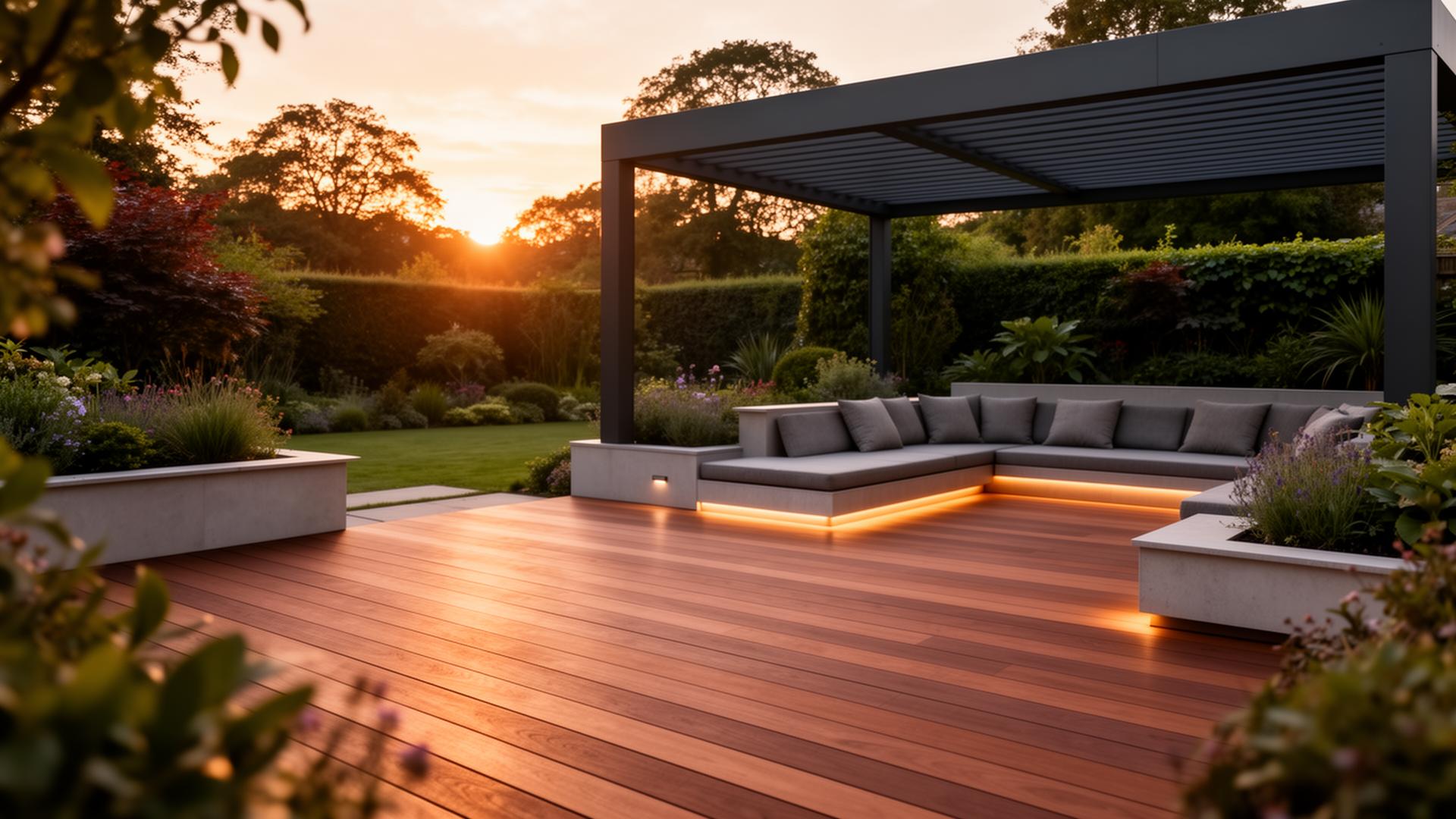 Luxury composite deck at golden hour with charcoal pergola and integrated lighting