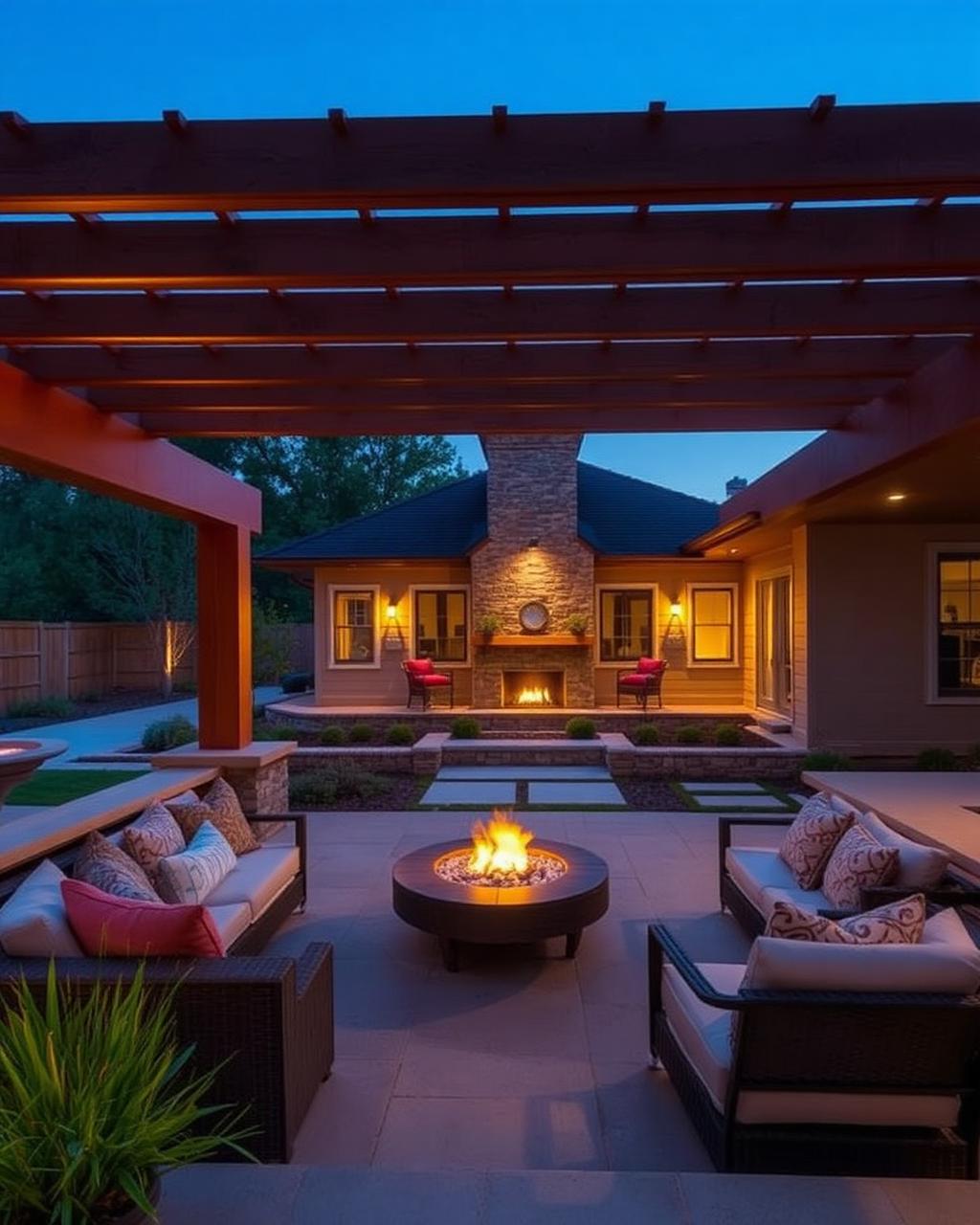 An evening view of a built outdoor lounge